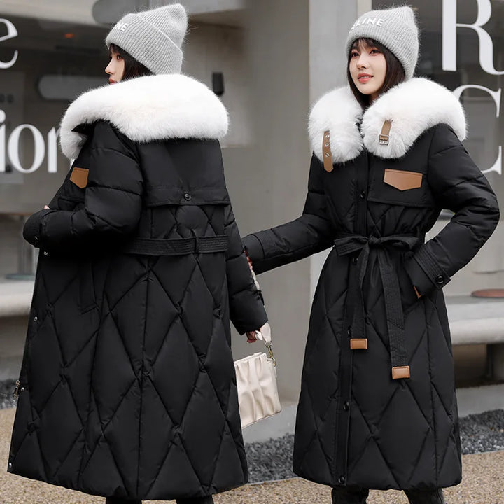 Long Belted Puffer Jacket Fur Trim