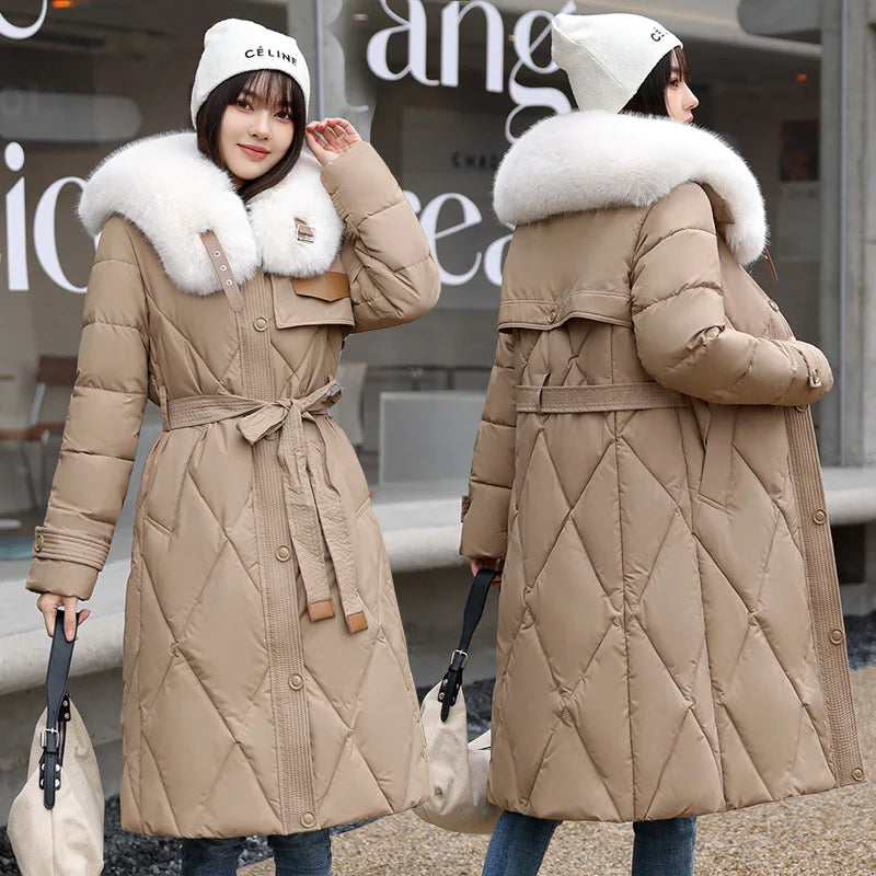 Long Belted Puffer Jacket Fur Trim