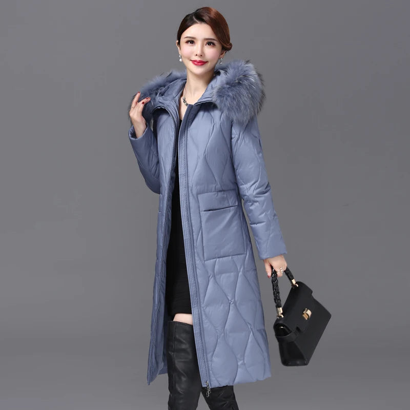 Long Down Coat with Fur Collar