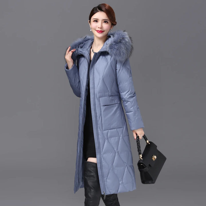 Long Down Coat with Fur Collar