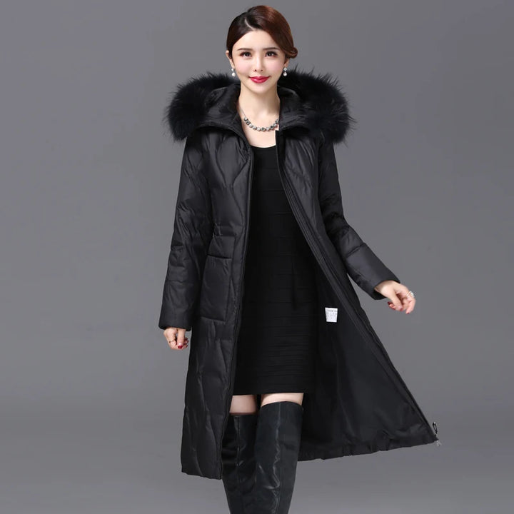 Long Down Coat with Fur Collar