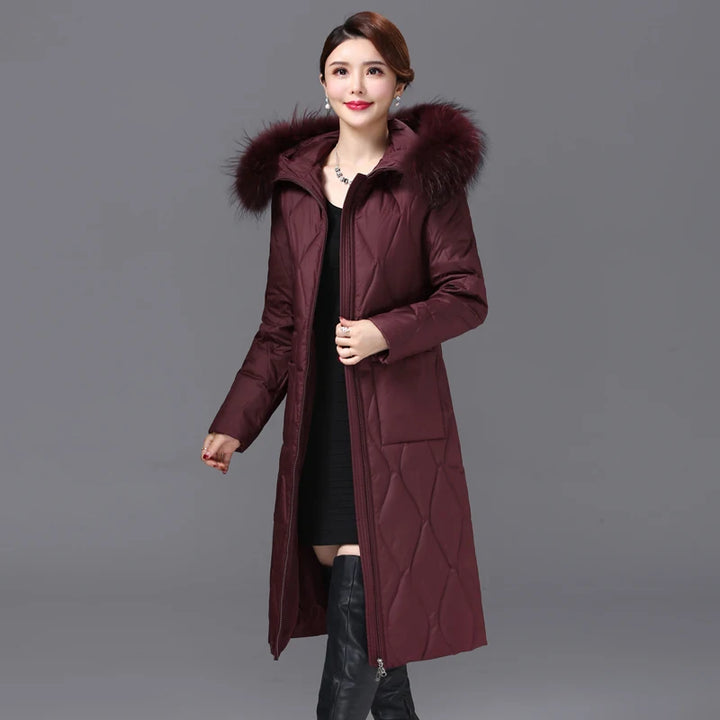 Long Down Coat with Fur Collar
