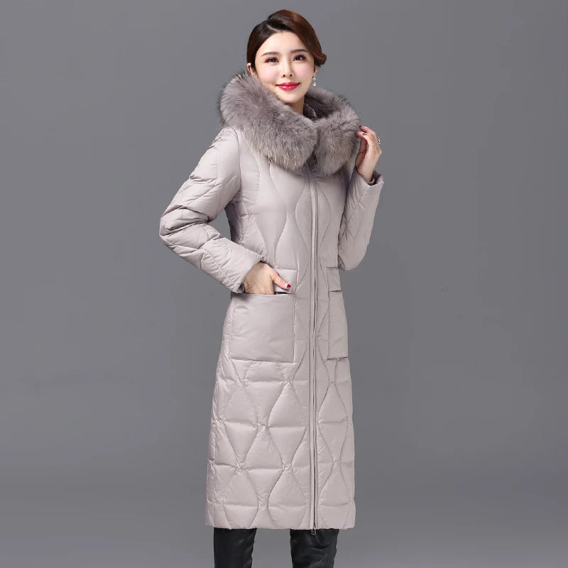 Long Down Coat with Fur Collar