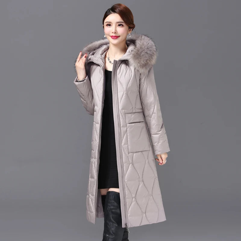 Long Down Coat with Fur Collar