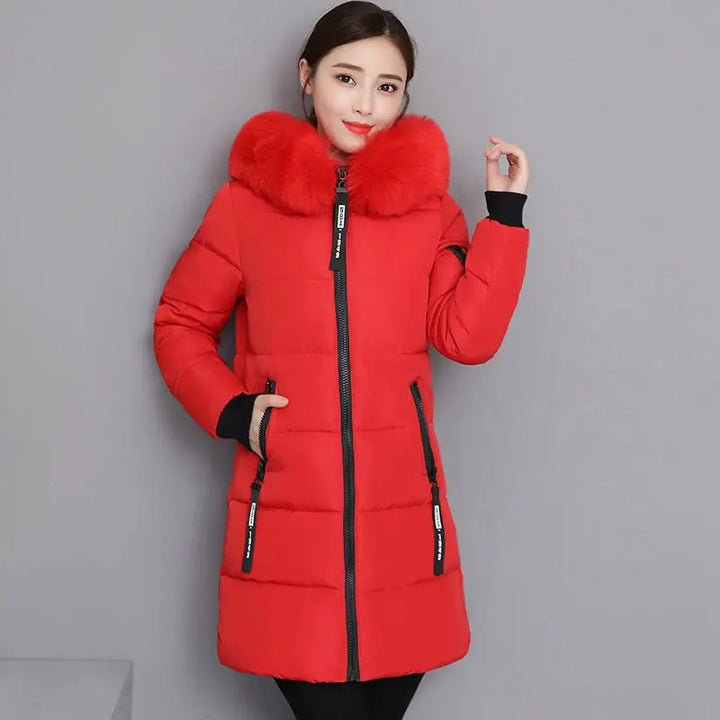  Long Puffer Jacket Fur Trim Hood