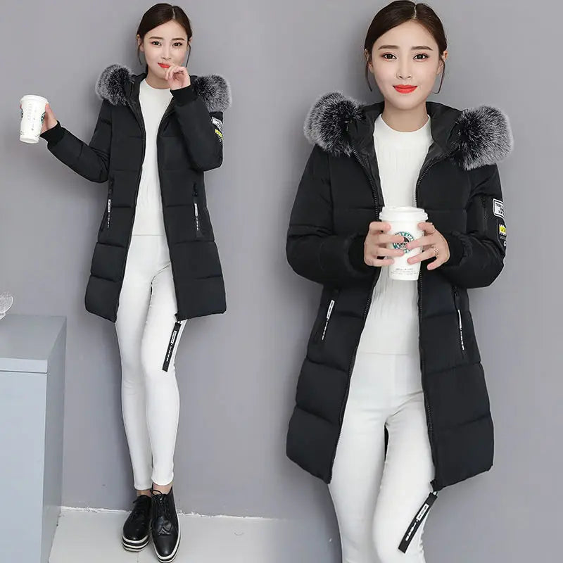  Long Puffer Jacket Fur Trim Hood