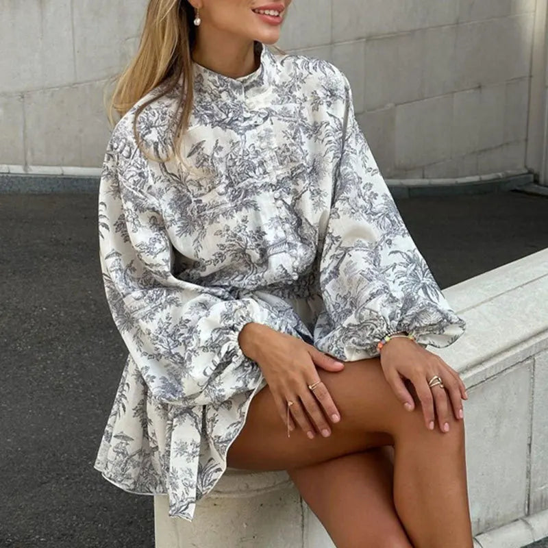 Long Sleeve Printed Ruffle Mini Dress