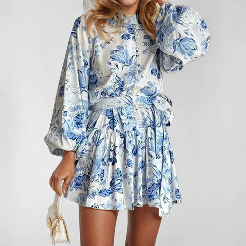 Long Sleeve Printed Ruffle Mini Dress