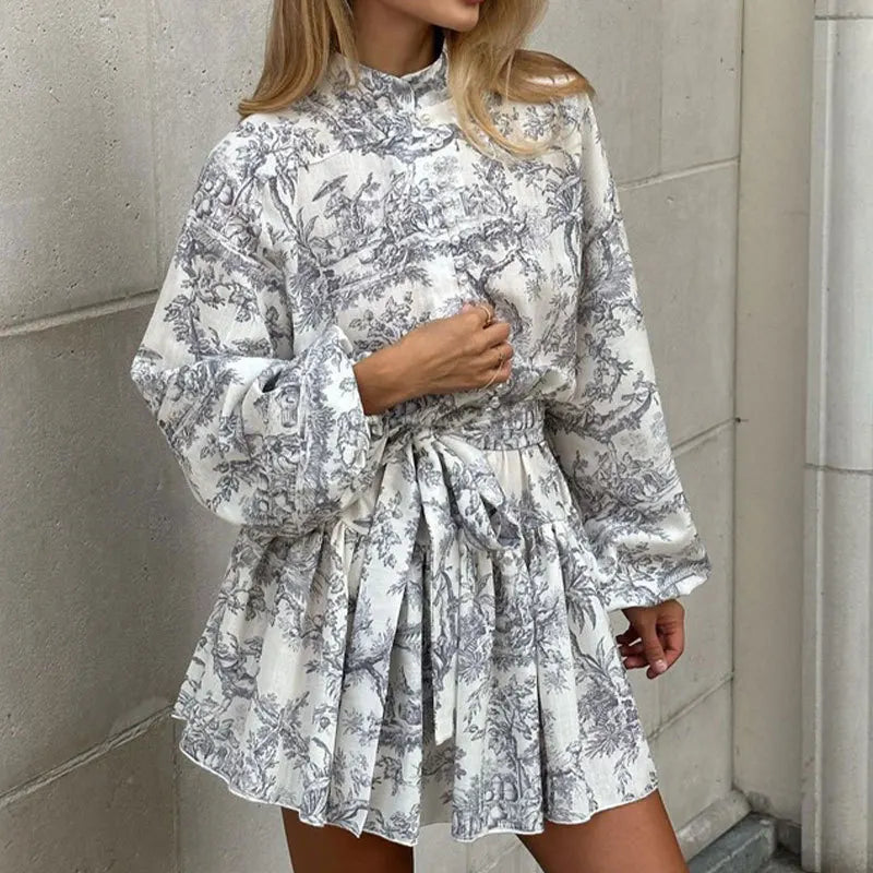 Long Sleeve Printed Ruffle Mini Dress