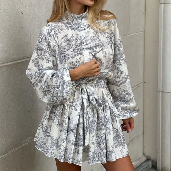 Long Sleeve Printed Ruffle Mini Dress