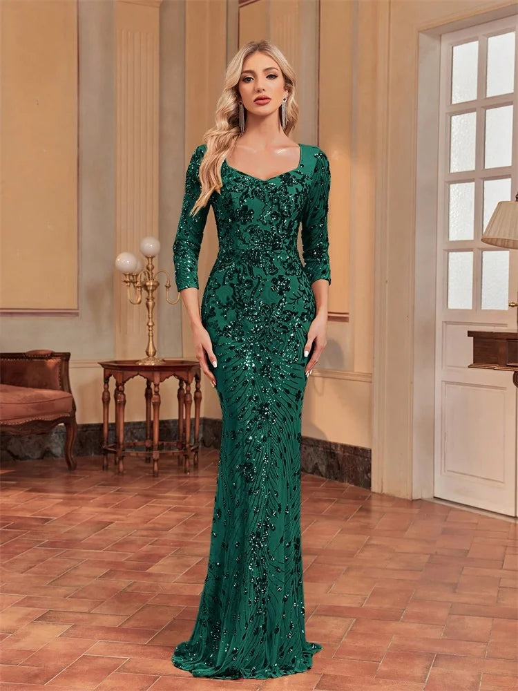Long Sleeve Sequin Evening Gown