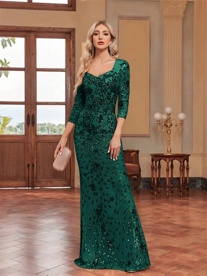 Long Sleeve Sequin Evening Gown