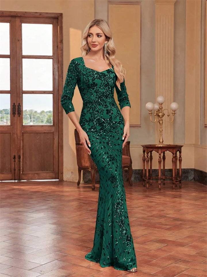 Long Sleeve Sequin Evening Gown