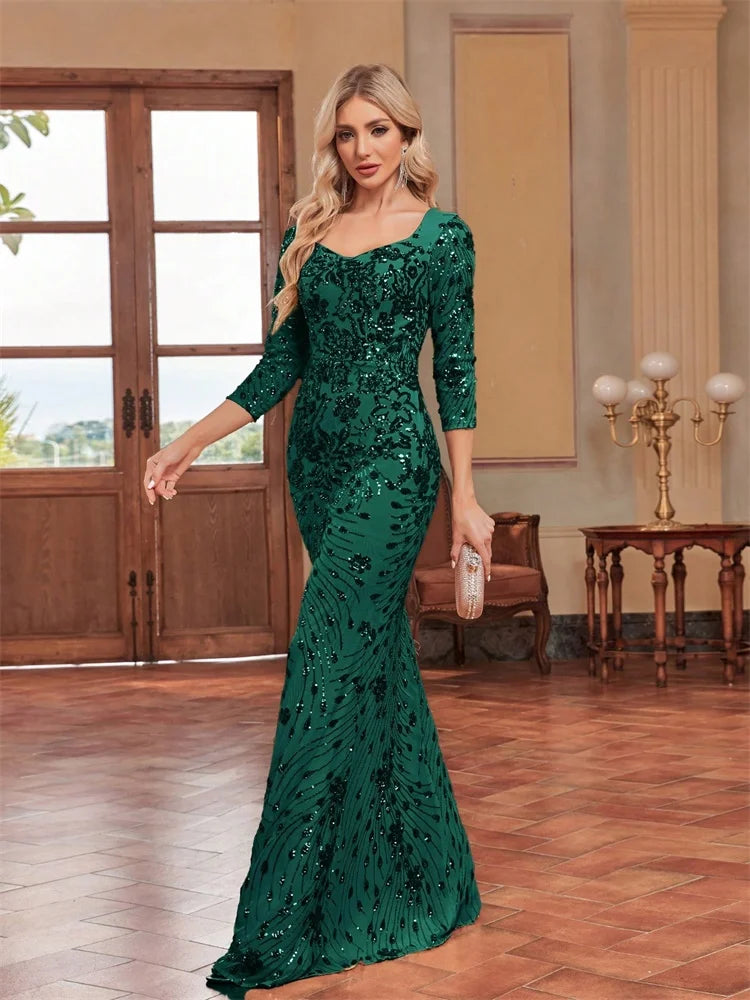 Long Sleeve Sequin Evening Gown