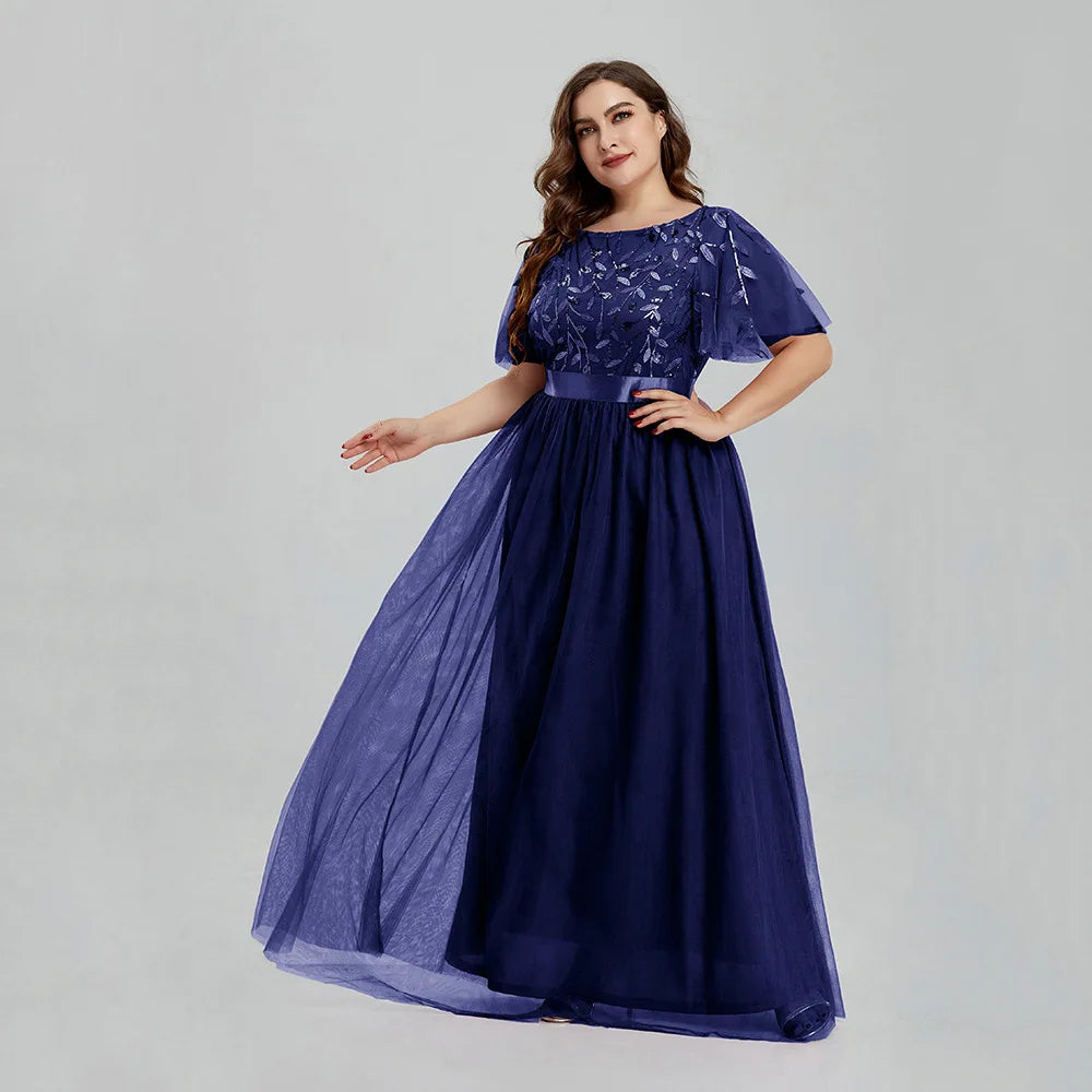Embroidered Chiffon Flutter Sleeve Maxi Dress