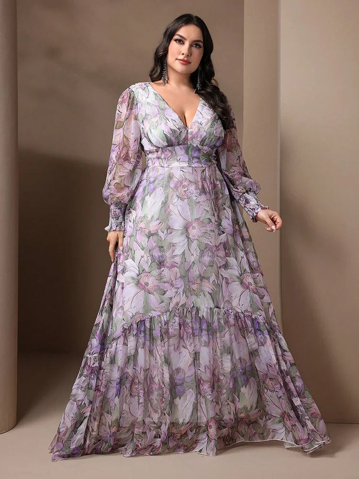 Floral Maxi V-Neck Lantern Sleeve Dress