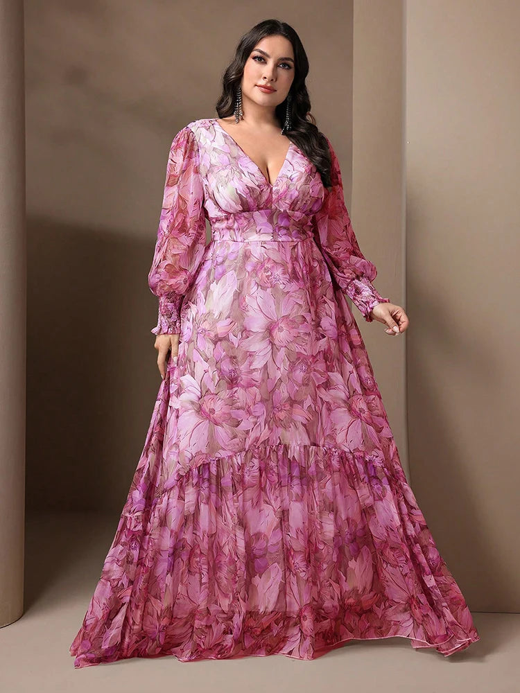 Floral Maxi V-Neck Lantern Sleeve Dress