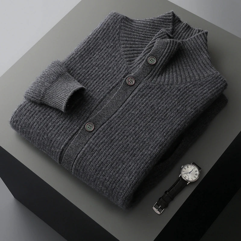 Men's 100% Cashmere High Collar Button Cardigan