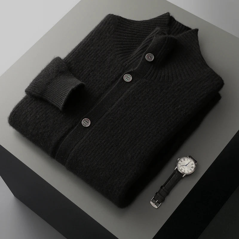 Men's 100% Cashmere High Collar Button Cardigan
