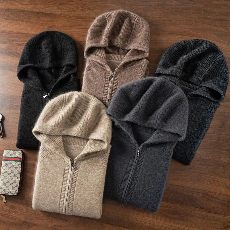 Men's 100% Cashmere Zip-Up Hooded Cardigan