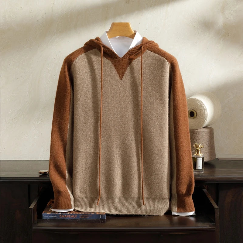 Men's Pure Cashmere Color Block Knit Hoodie