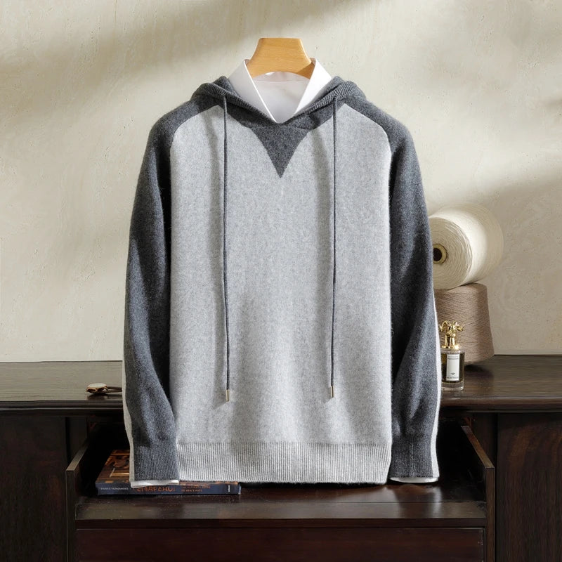 Men's Pure Cashmere Color Block Knit Hoodie
