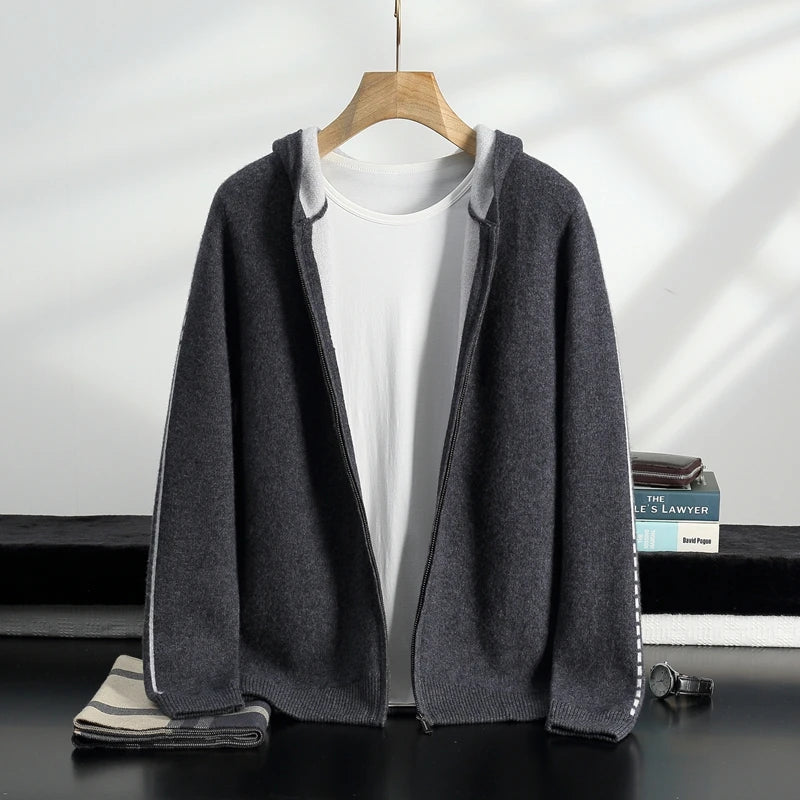Men's Pure Cashmere Zipper Hooded Cardigan