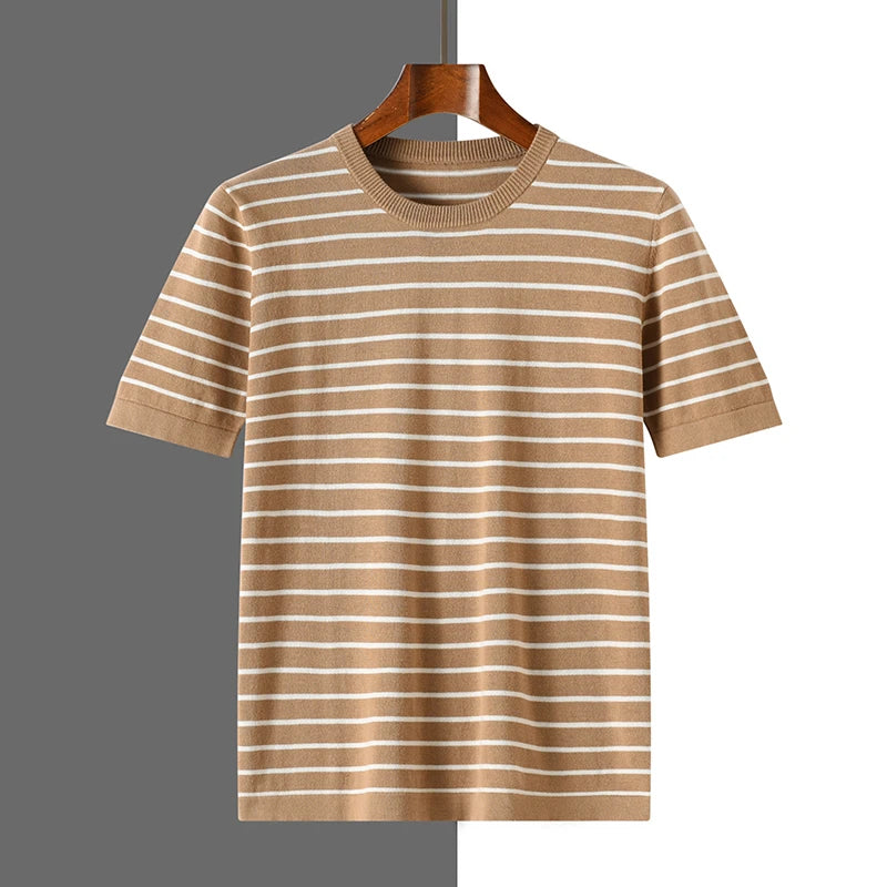 Men's Striped Cotton Knit Short Sleeve Sweater