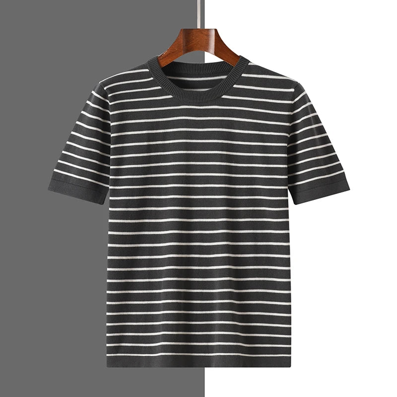 Men's Striped Cotton Knit Short Sleeve Sweater