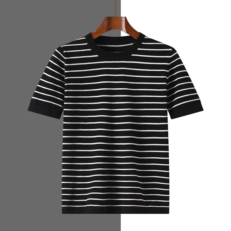 Men's Striped Cotton Knit Short Sleeve Sweater
