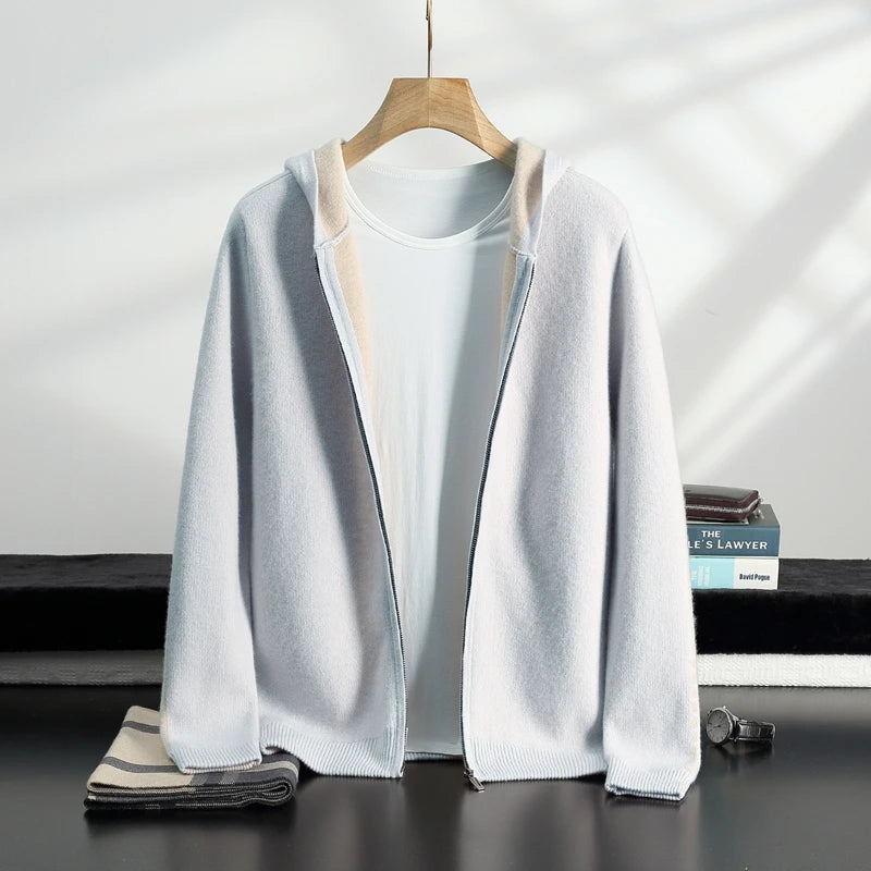 Men's Pure Cashmere Zipper Hooded Cardigan