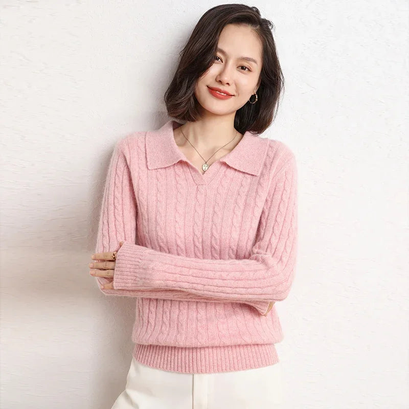 Merino Wool Cable Knit Polo Sweater