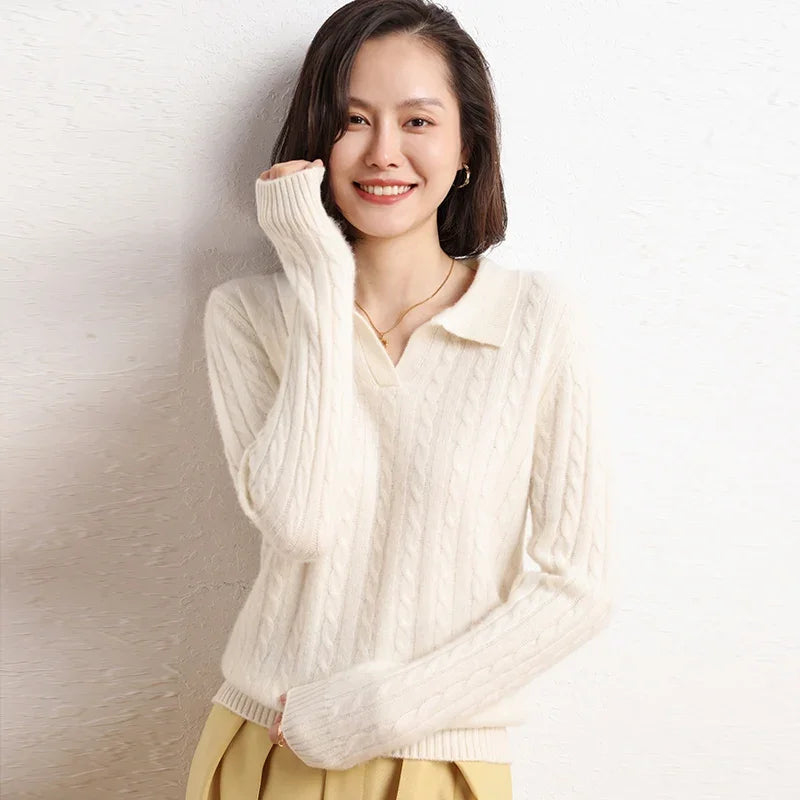 Merino Wool Cable Knit Polo Sweater