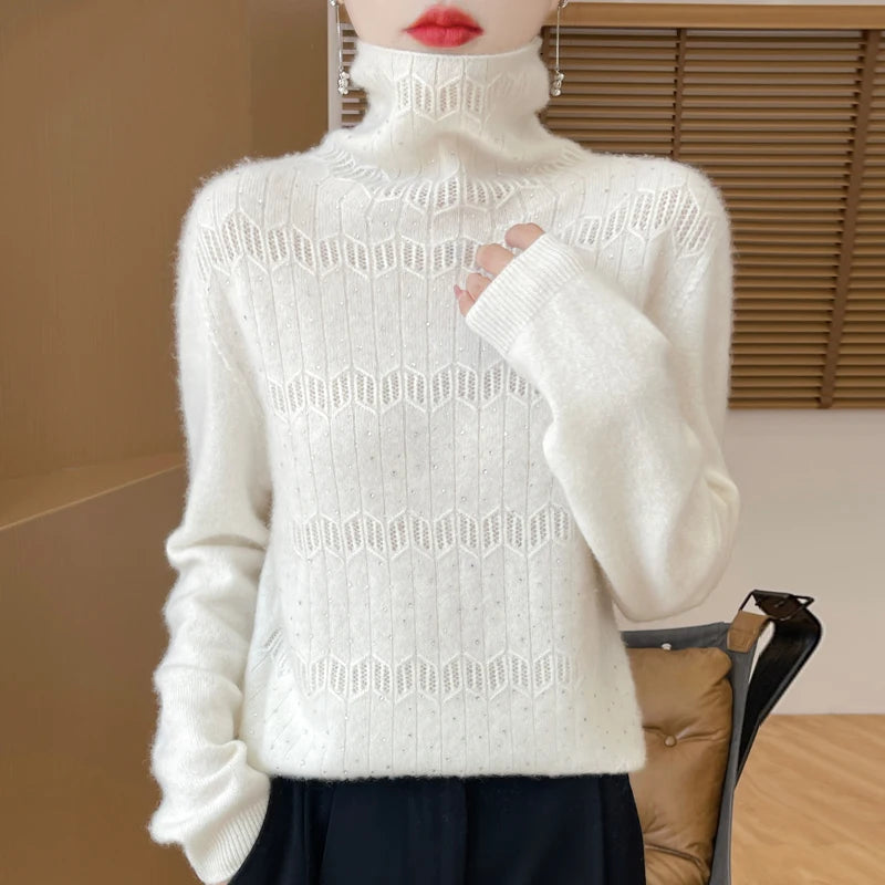  Merino Wool Diamond Knit Turtleneck