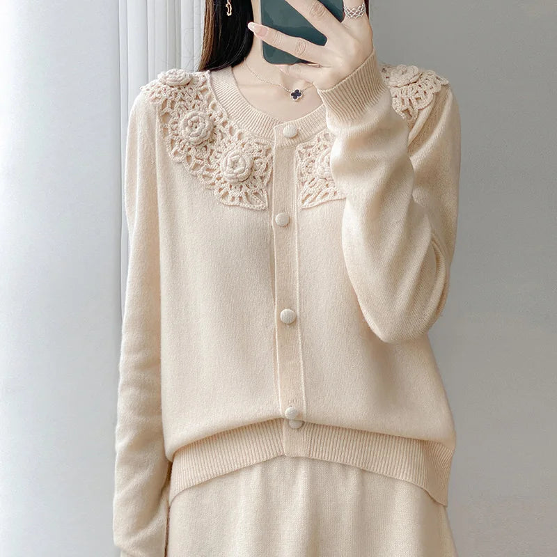  Merino Wool Floral Knit Cardigan