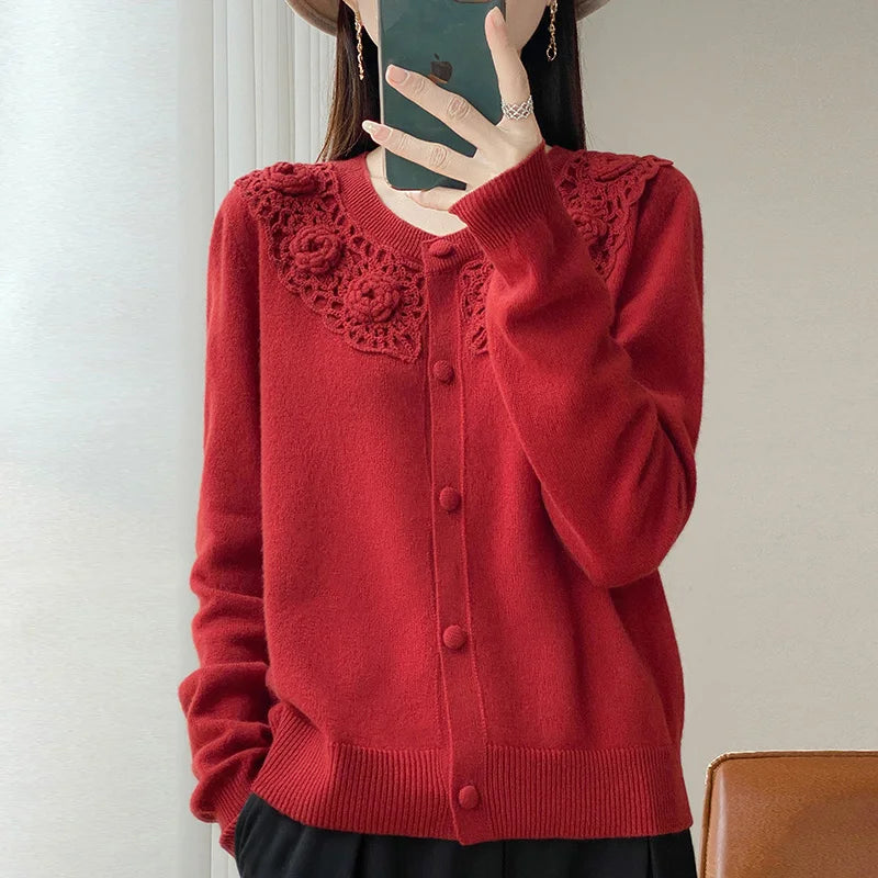  Merino Wool Floral Knit Cardigan