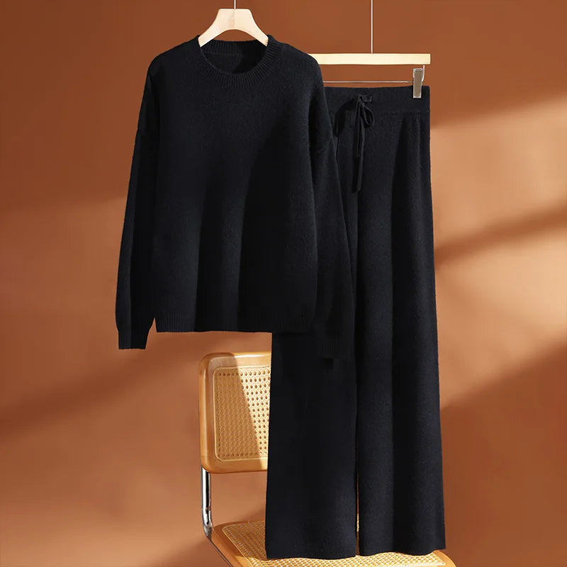 Merino Wool Knitted Set O-Neck Pullover Suit