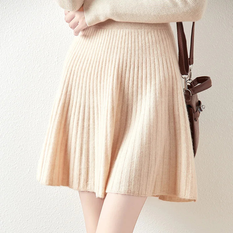 Merino Wool Pleated Midi Skirt