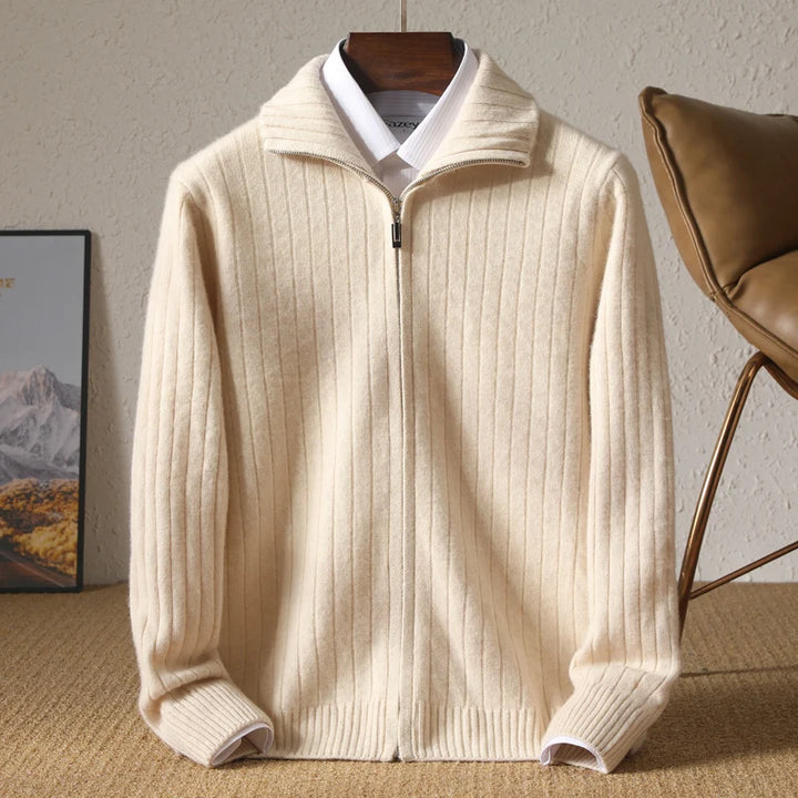 Merino Wool Ribbed Zip-Up Cardigan
