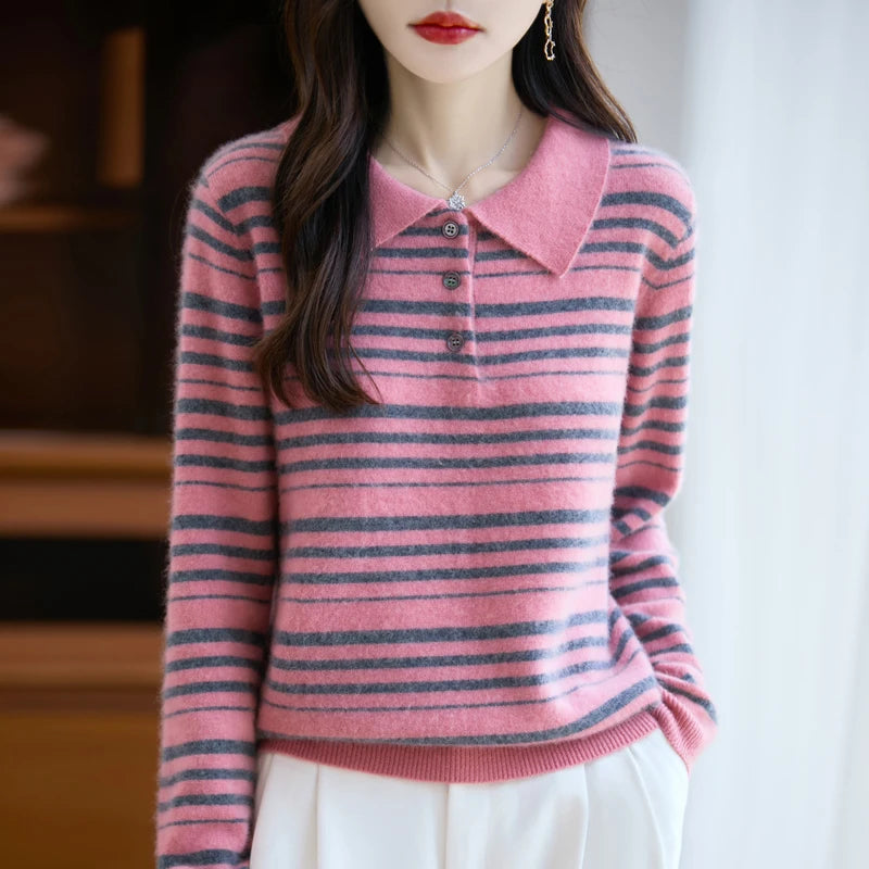  Merino Wool Striped Lapel Sweater
