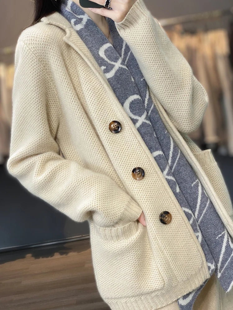  Merino Wool Suit Collar Cardigan