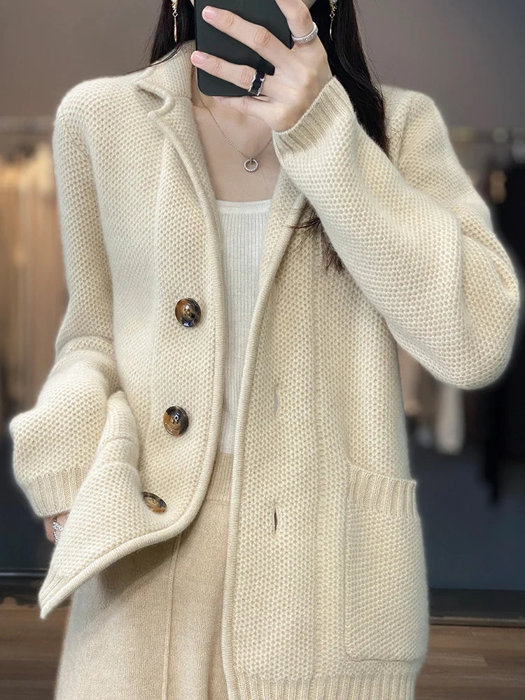  Merino Wool Suit Collar Cardigan