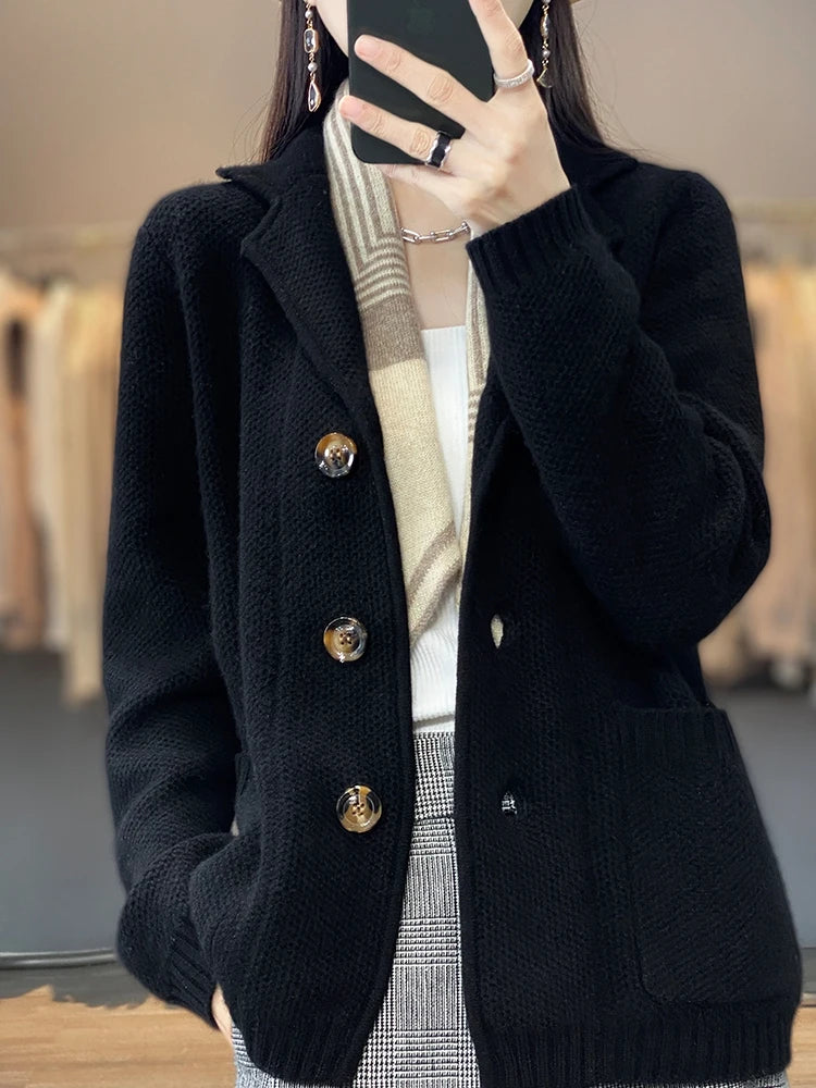  Merino Wool Suit Collar Cardigan
