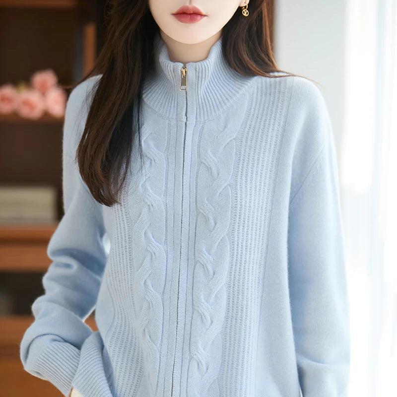 Merino Wool Zip Mock Neck Cardigan