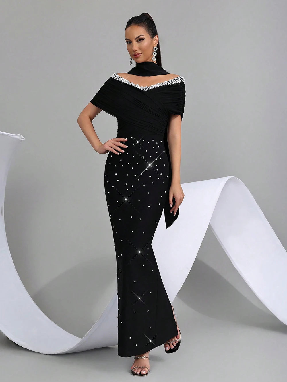 Off Shoulder Crystal Evening Gown