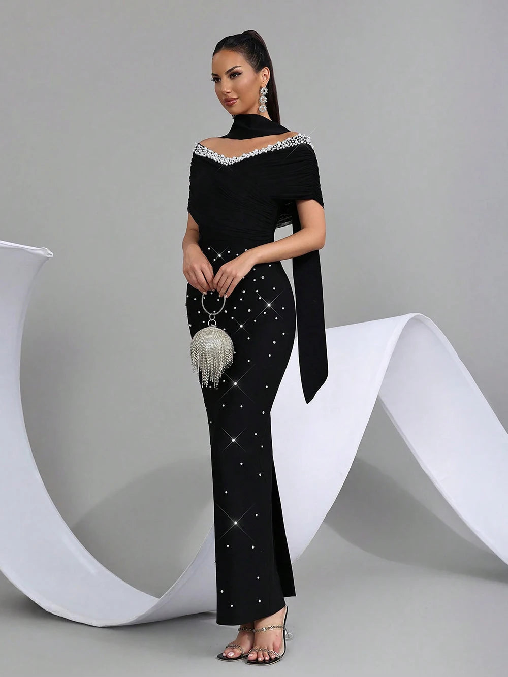 Off Shoulder Crystal Evening Gown