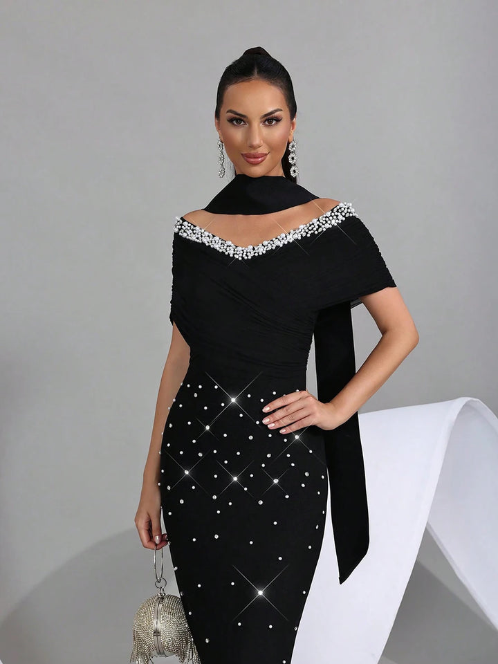 Off Shoulder Crystal Evening Gown