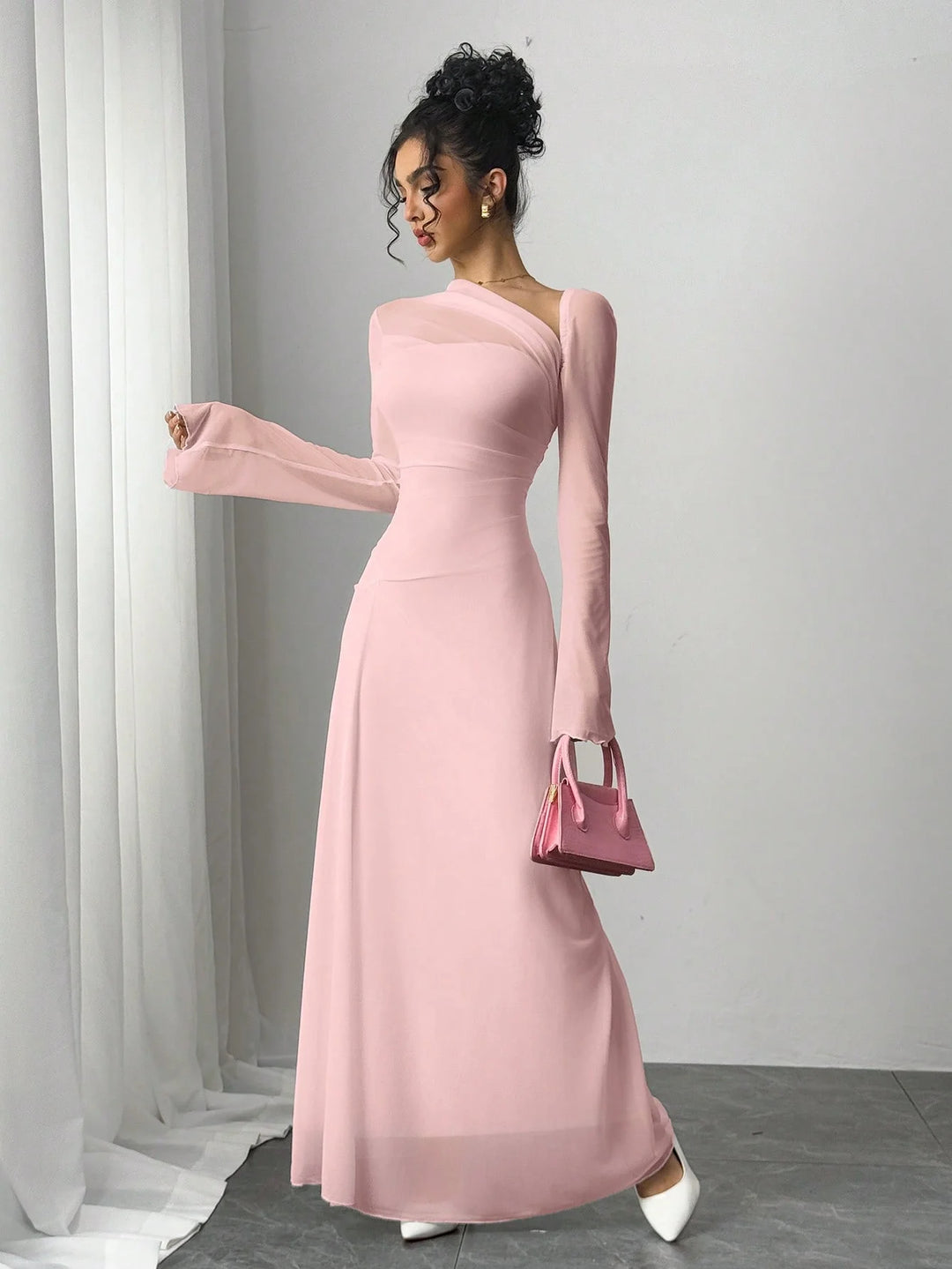 One-Shoulder Mesh Sleeve Maxi Dress