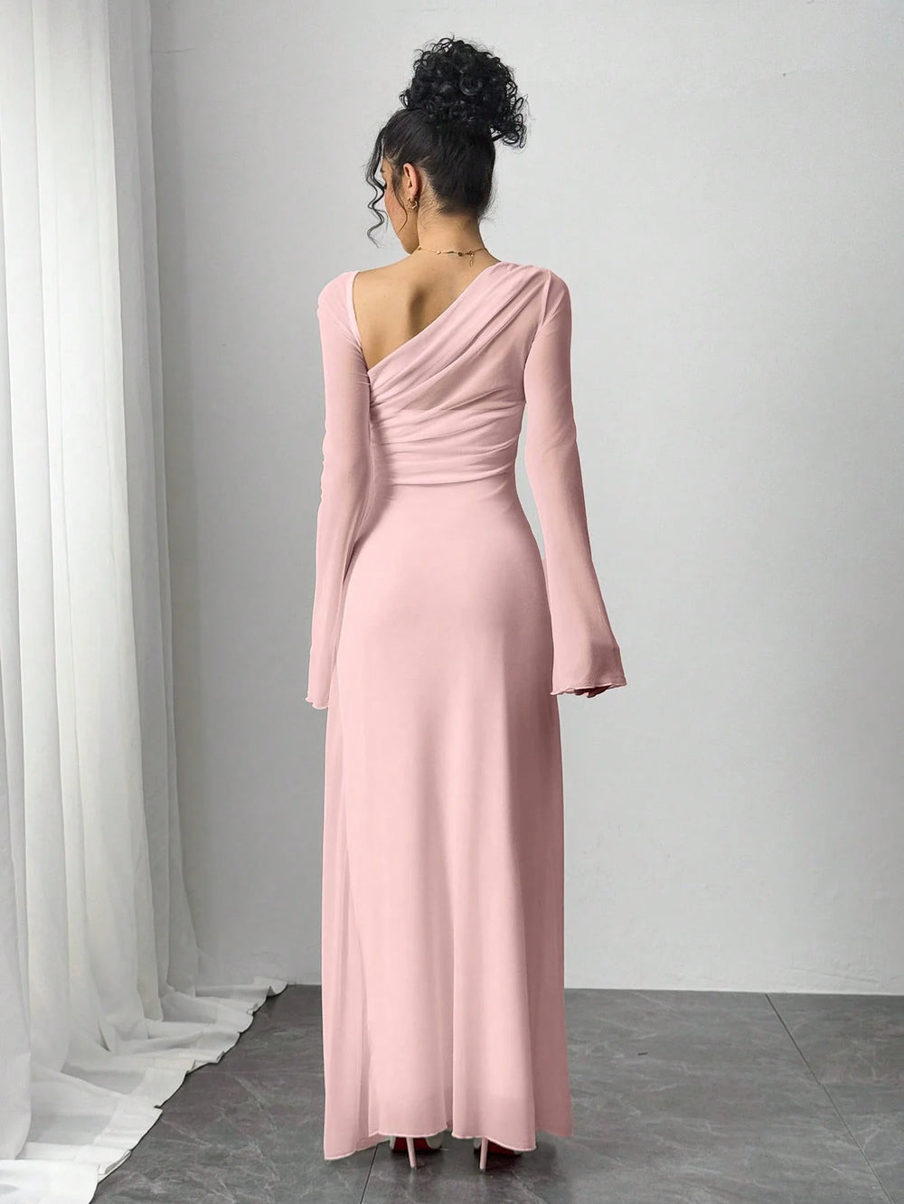 One-Shoulder Mesh Sleeve Maxi Dress