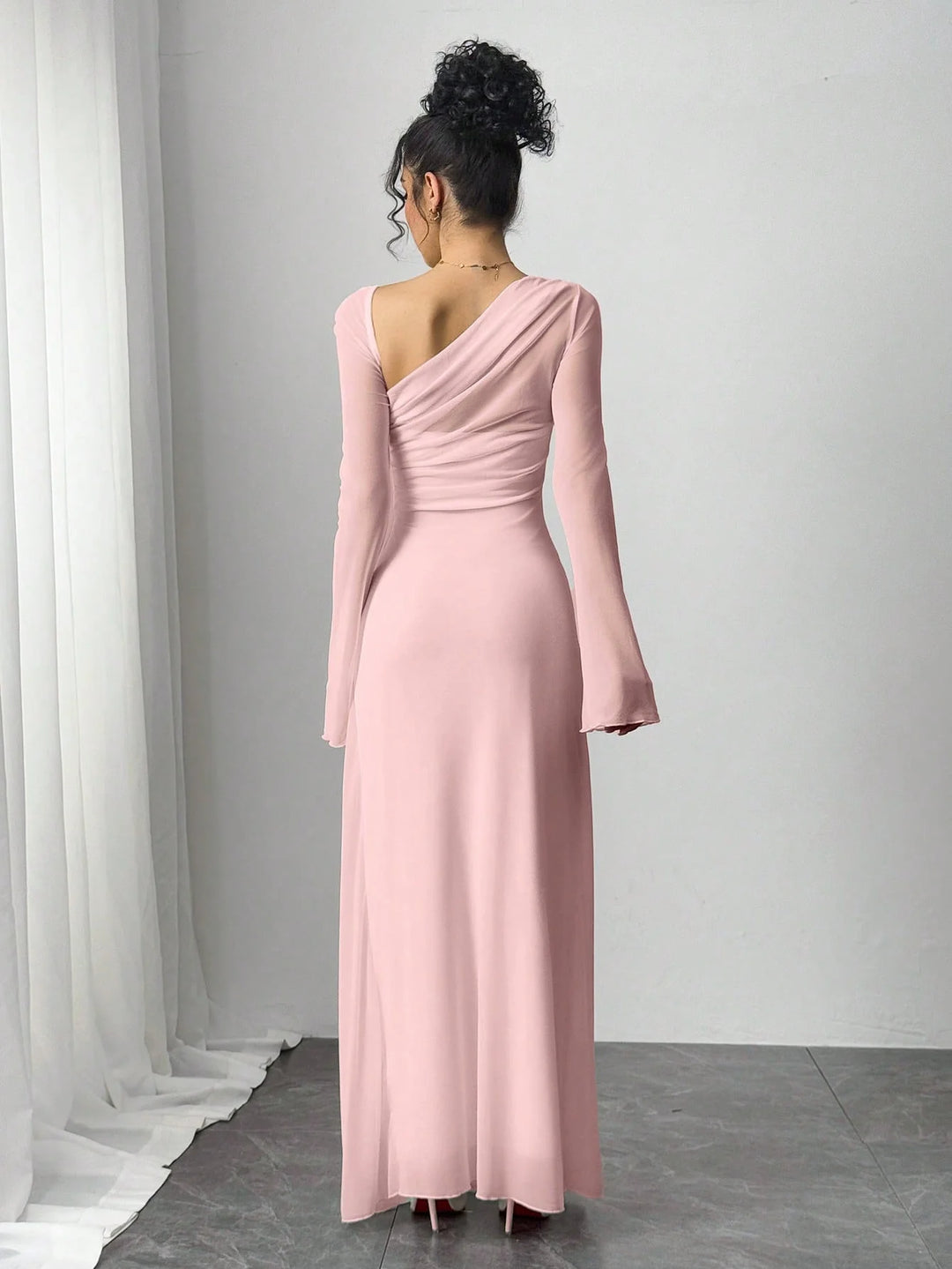 One-Shoulder Mesh Sleeve Maxi Dress